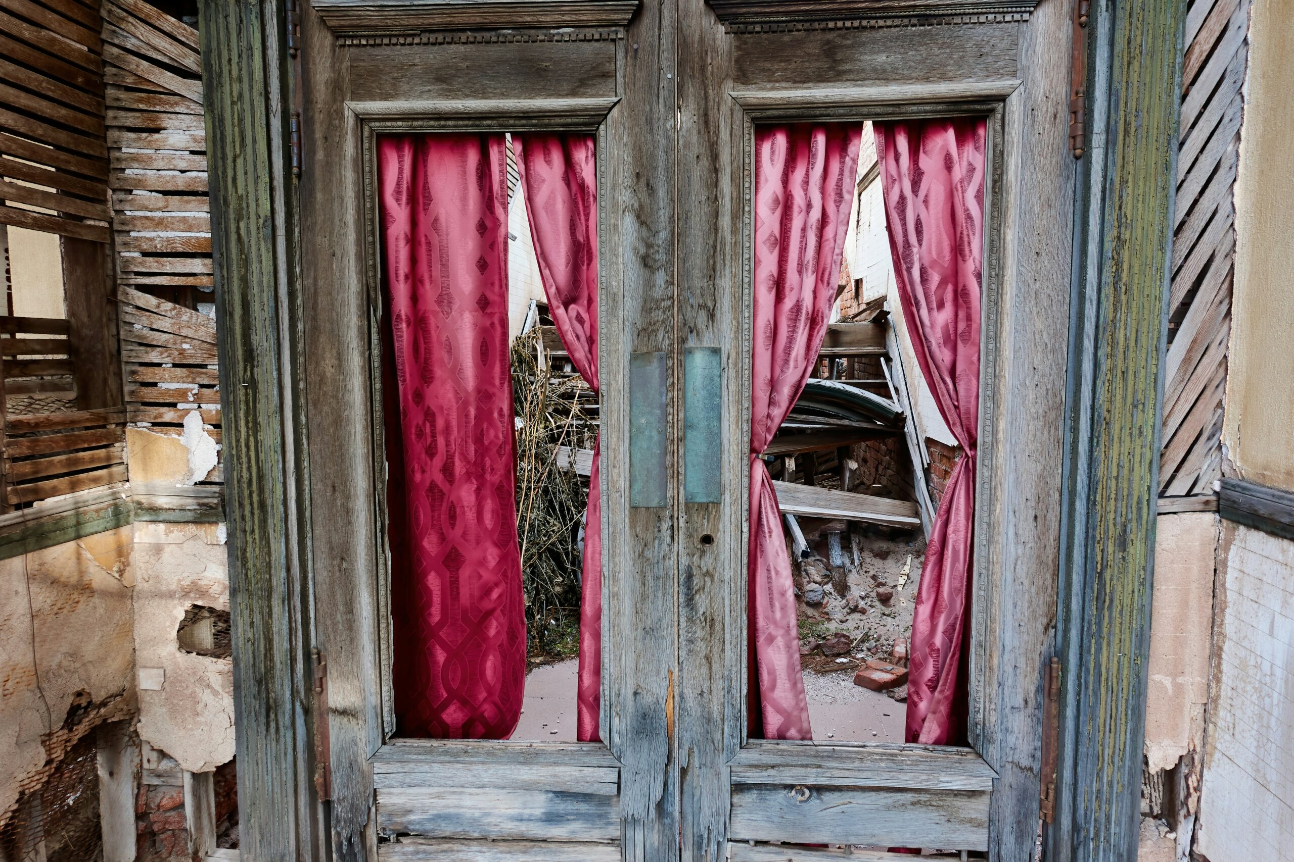 red and blue wooden door