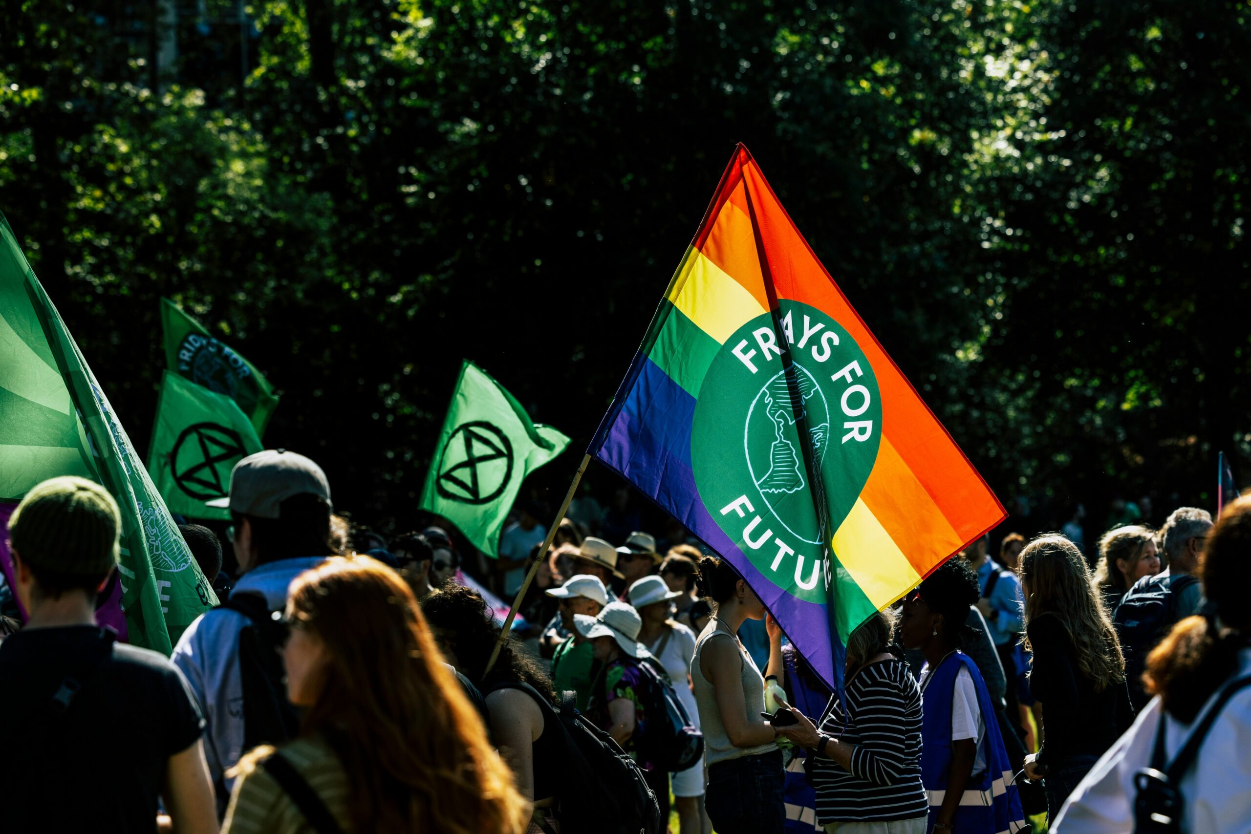 a group of people holding a rainbow flag