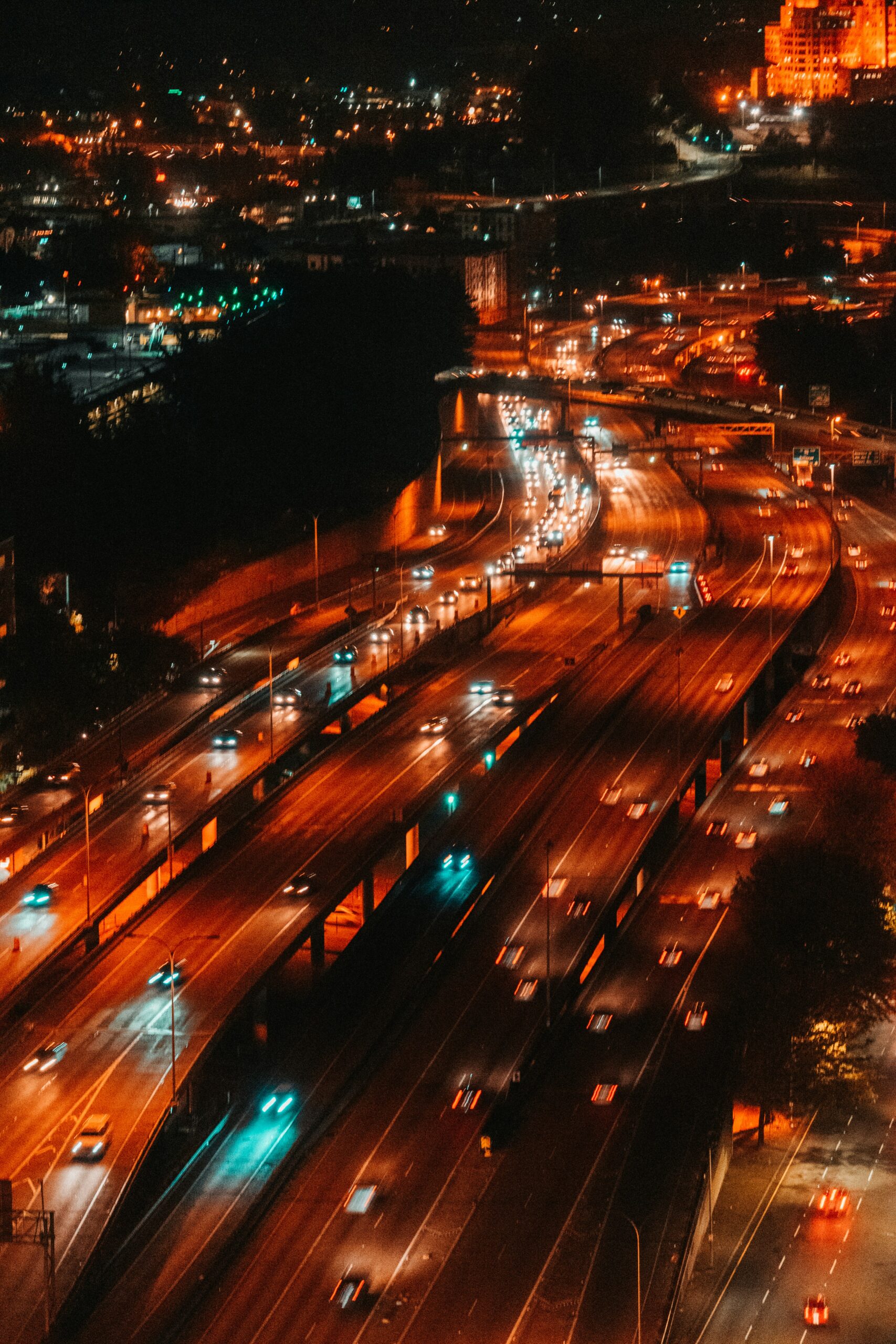 high-angle photography of road near buildings